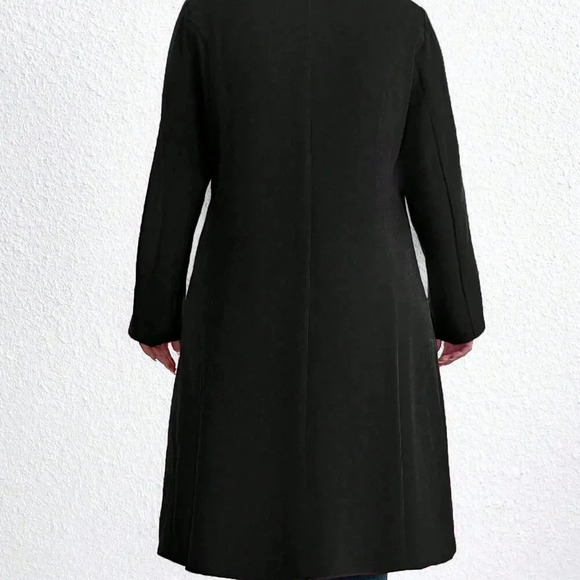 Black Casual Women's Plus Size Plain Double Breasted Pocket Long Sleeve Overcoat - Picture 3 of 6
